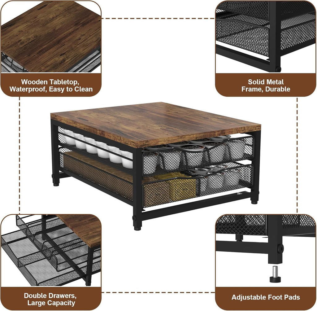 Coffee Pod Holder For Counter, Wooden K Cup Holder with Sliding Drawer, Large Capacity Coffee Pod Storage for Coffee Station, Home, Office, Kitchen