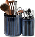 Hasense Cooking Utensil Holder, 7.3" + 5.7" - Large Utensil Crock for Farmhouse Kitchen Decor, Spatula Storage Organizer, Set of 2, Navy Blue