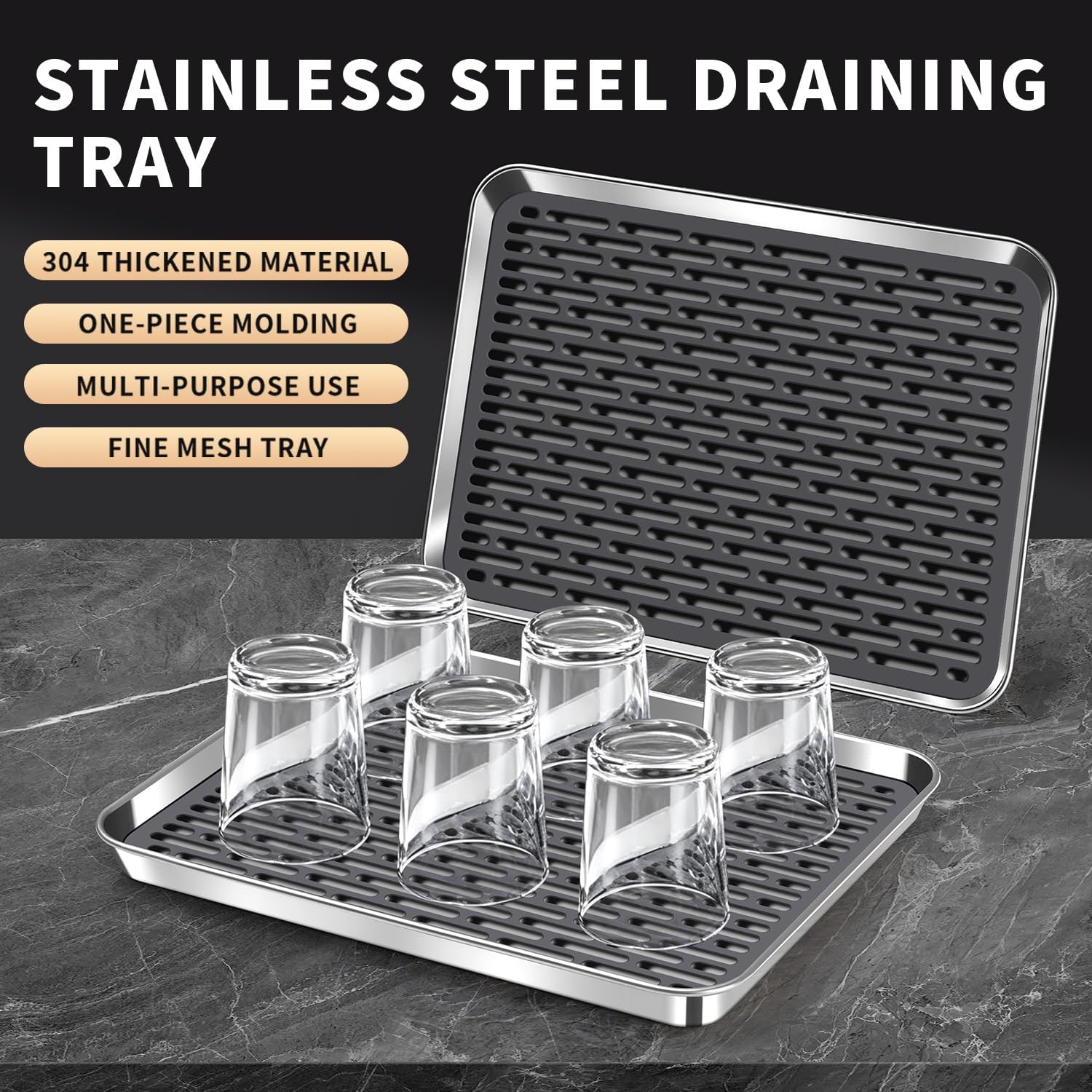 Stainless Steel Drain Tray, Cup & Dish Drying Rack, Drain Board 2 Tier Non Slip Serving Tray with Drainboard Perfect for Sink, Coffee Table, Outdoor (12.5 x 9.8 x 0.98 in)