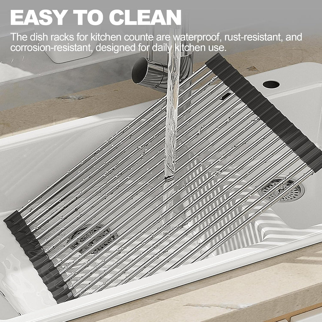 NEZUIBAN Dish Drying Rack with Roll Up and Over Sink for Kitchen,20.5"x13.8",Black