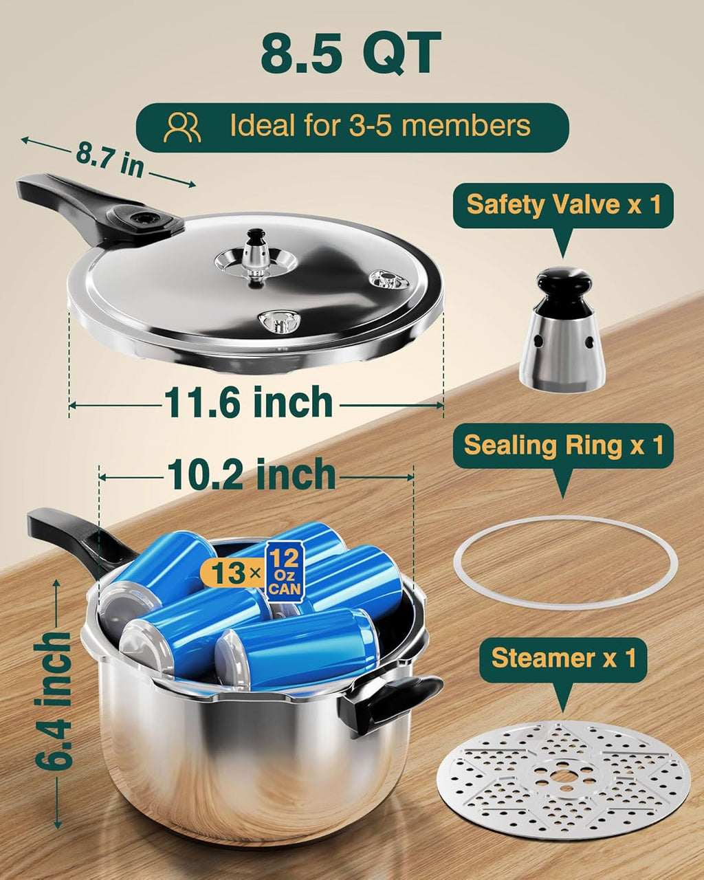 WantJoin Pressure Cooker, 8 Quart Stainless Steel Pressure Canner, Induction Compatible Cookware with Spring Valve Safeguard Devices,Compatible with Gas & Induction Cooker