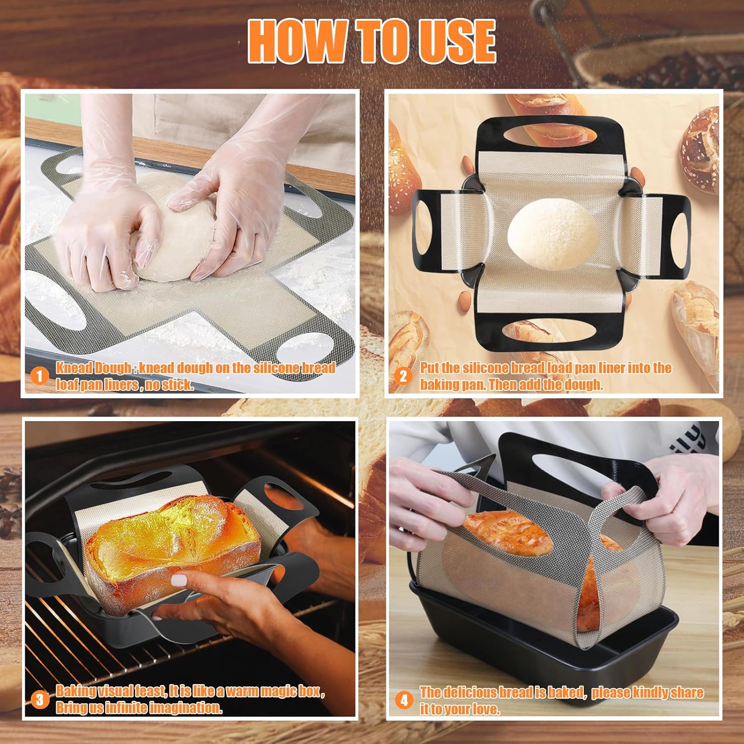 Reusable Silicone Bread Loaf Pan Liner, Food-Grade Silicone Bread Sling, Sourdough Bread Mat, Loaf Pan Lifters, Non-Stick&Easy Clean Dough Transfer Tool, Fits 9x5 or 1.5lb Loaf Pans, Black & Orange
