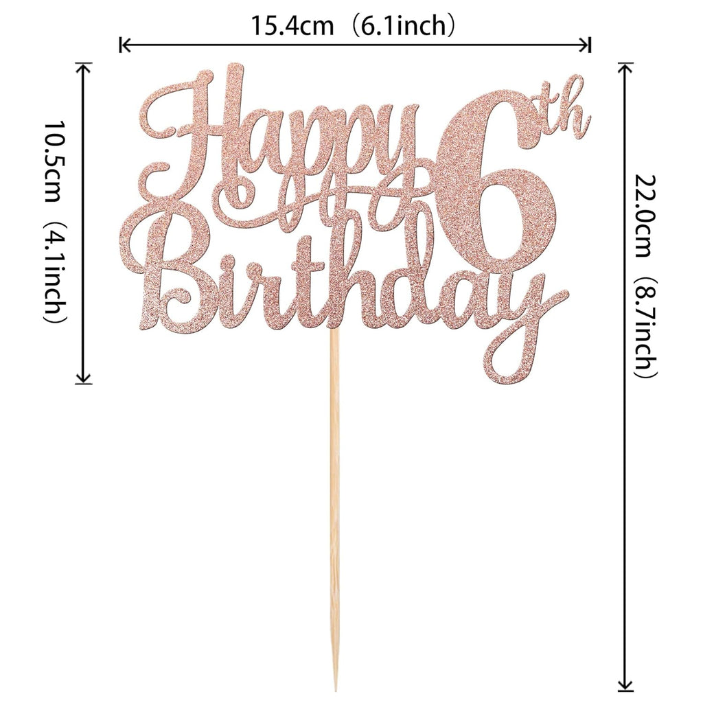 1 PCS Happy 6th Birthday Cake Topper - Glitter Cheers to 6 Years - Fabulous Cake Decoration for 6th Birthday Theme Party - Rose Gold