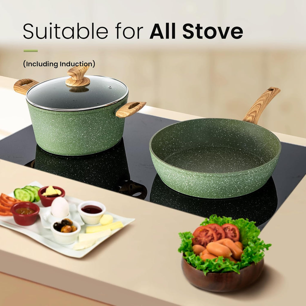 Kitchen Academy Pots and Pans Set Nonstick, 30 Pieces Induction Kitchen Cookware and Bakeware Sets, Green Granite Coating Cooking Pans Set