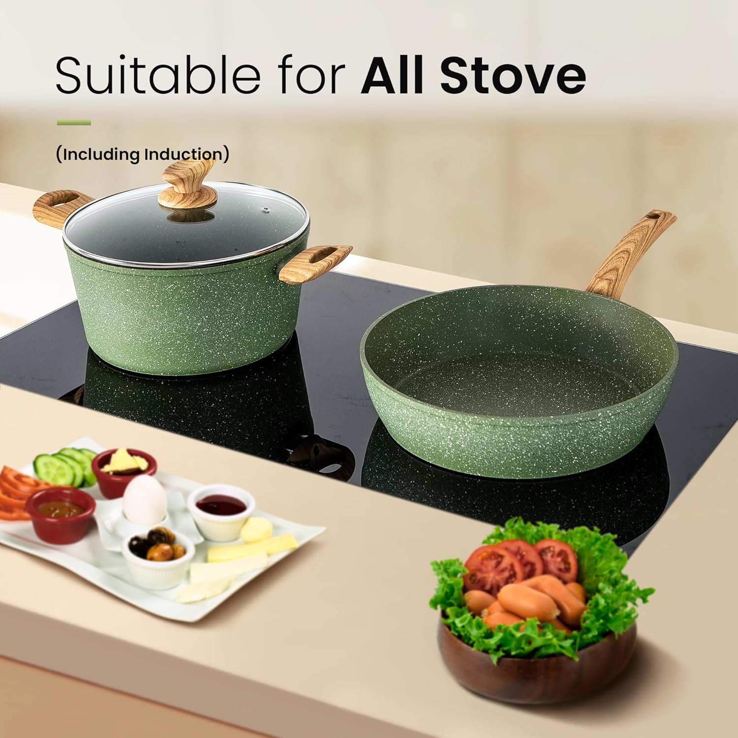 Kitchen Academy Pots and Pans Set Nonstick, 30 Pieces Induction Kitchen Cookware and Bakeware Sets, Green Granite Coating Cooking Pans Set