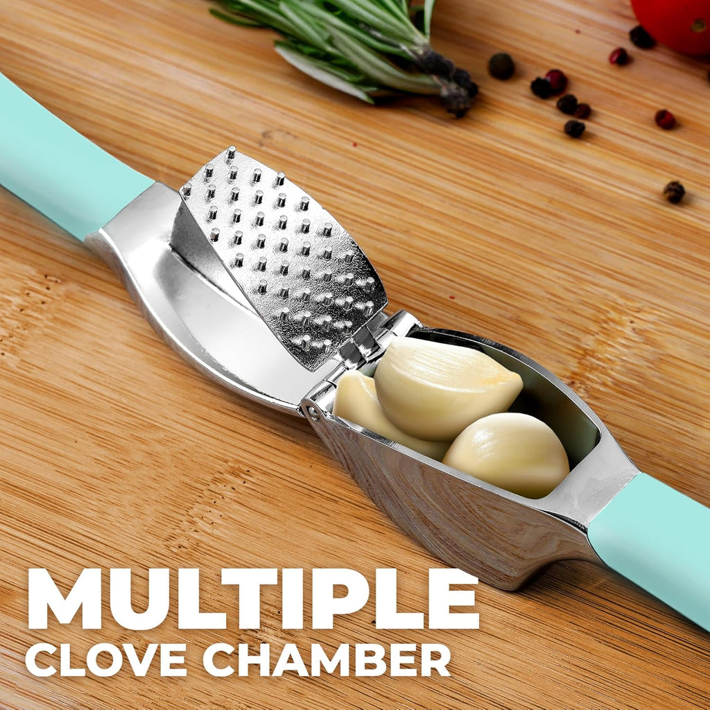 Zulay Kitchen Comfort Grip Garlic Press - Garlic Mincer Tool - Garlic Crusher - Garlic Press Mincer Rust Proof, with Soft Ergonomic Handle, Easy Clean Set with Peeler and Brush - Light Blue
