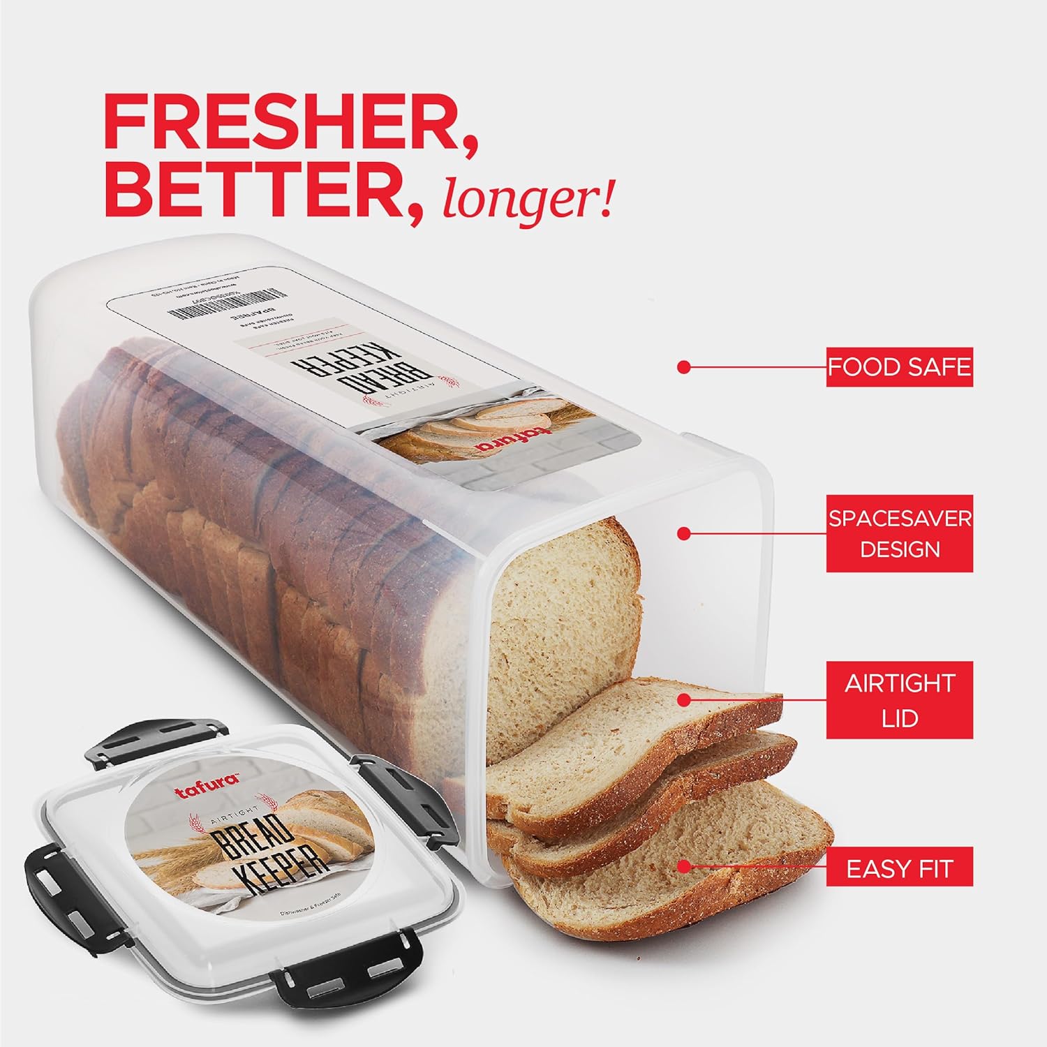 Tafura Bread Container - 5.8 Liter BPA Free Plastic Bread Box - Container/Holder for Homemade Loaves and Baked Goods with Black Airtight Lid