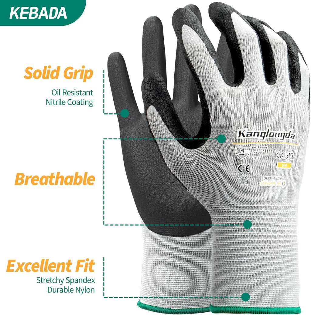 6-Paris XXL Work Gloves for Men and Women, Nitrile Coated Safety Protective Gloves with Grip, Ideal for Gardening, Warehouse, Mechanic, Light Duty Construction Work