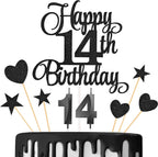 14th Birthday Cake Decorations, 14th Birthday Candles Cake Numeral Candles and Glitter Happy 14th Birthday Cake Toppers Set for Birthday Party Supplies (Black)