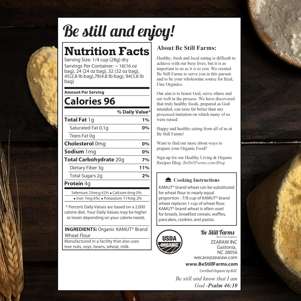Be Still Farms Kamut Flour Organic Bulk - Bread Flour for Baking (4.8 lb) Khorasan - Organic Whole Wheat Flour Unbleached - High in Fiber | USA Grown | USDA Certified | Vegan | Non-GMO