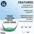 DISCOUNT PROMOS 10 ARC Stemless Wine Glasses Set, 21 oz. - Customizable Text, Logo - Chardonnay, Cabernet, Merlot, Sauvignon - Green
