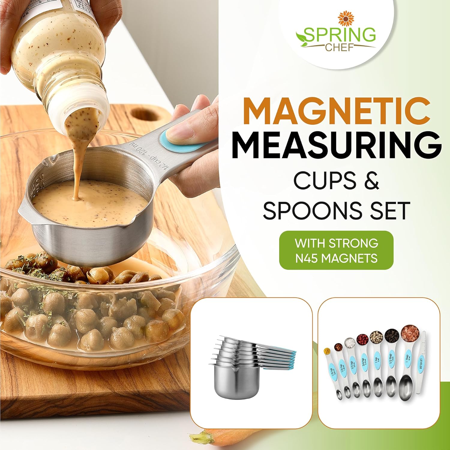 Spring Chef Magnetic Measuring Cups & Spoons Set (Patent Pending), Strong Magnets, Heavy Duty Stainless Steel Fits in Spice Jars for Baking & Cooking, BPA Free, Round Set of 15 with Leveler, Aqua Sky