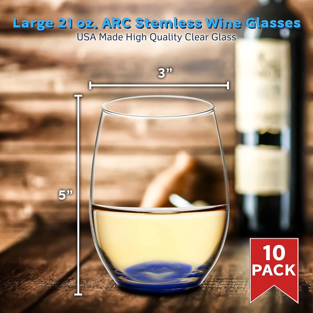 DISCOUNT PROMOS 10 ARC Stemless Wine Glasses Set, 21 oz. - Chardonnay, Cabernet, Merlot, Sauvignon - Blue