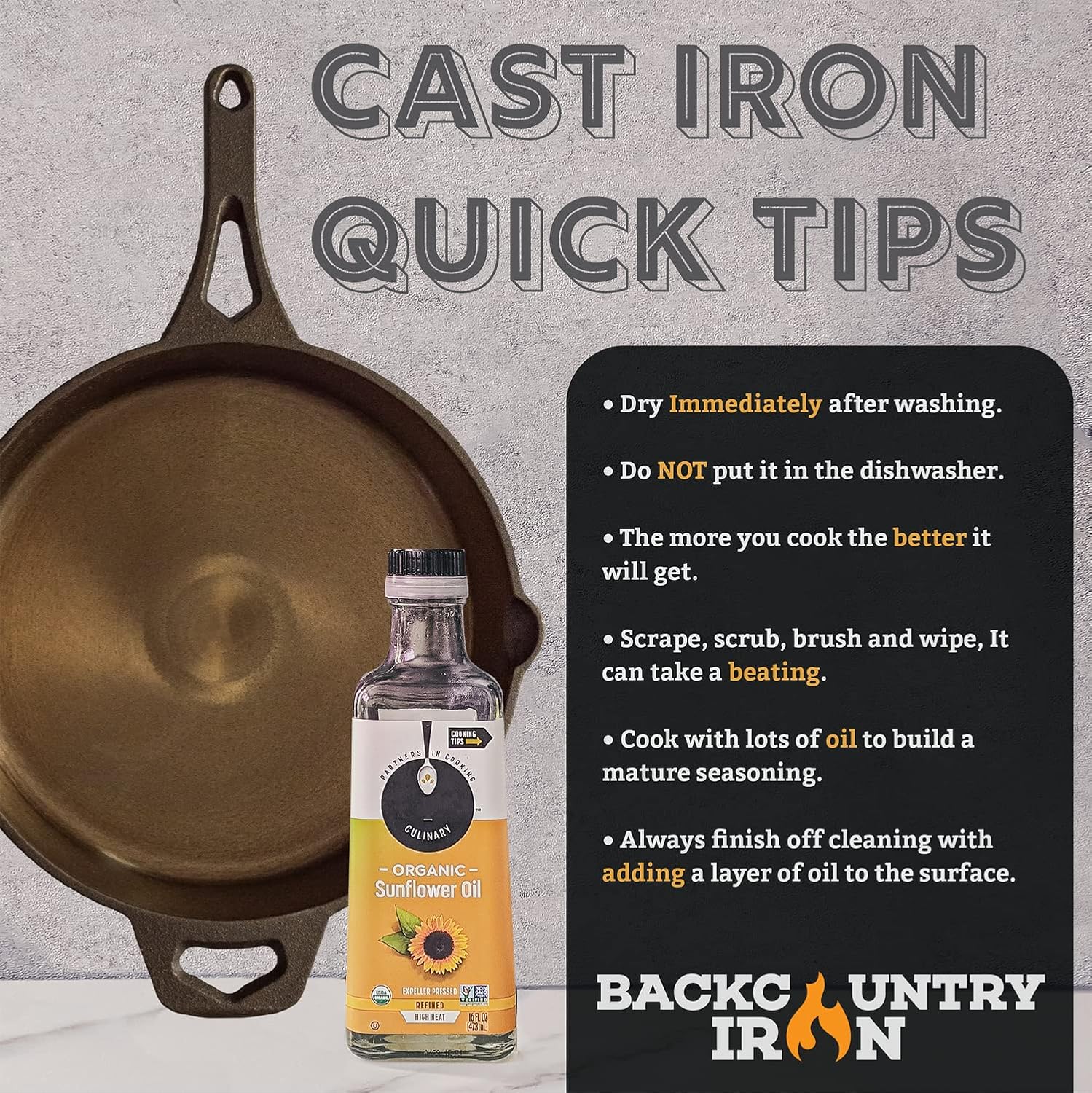 Backcountry Iron 8 Inch Smooth Wasatch Pre-Seasoned Round Cast Iron Skillet