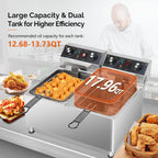 ROVSUN 36QT Electric Deep Fryer 240V, 6600W Dual Tank Commercial Deep Fryer w/ 60-Min Timer Overheat Protection Adjustable Feet, Temp Control & Baskets, Stainless Steel Countertop Fryer for Restaurant