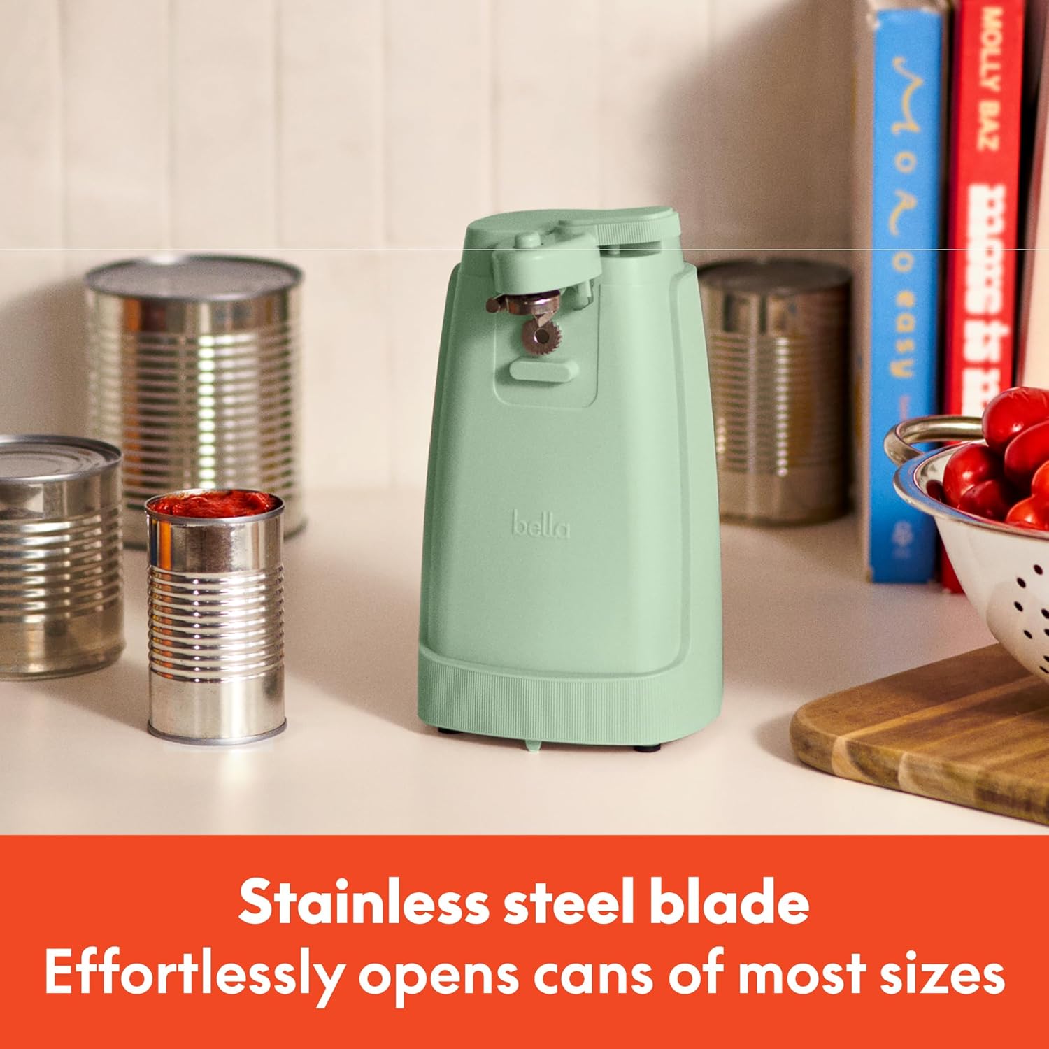 bella Electric Can Opener and Knife Sharpener, Multifunctional Jar and Bottle Opener with Removable Cutting Lever and Cord Storage, Stainless Steel Blade, Seaglass