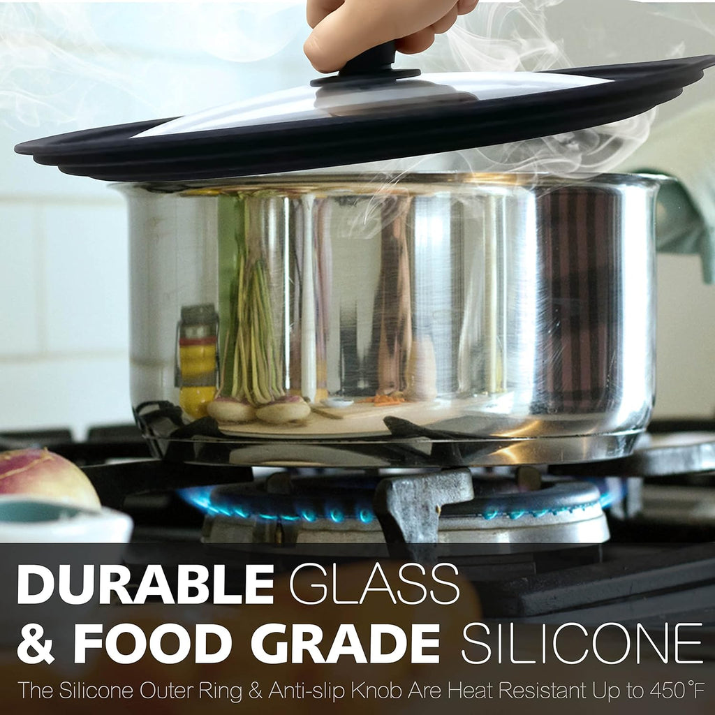 Anaeat Silicone Universal Lid for Pots, Pans and Skillets - Tempered Glass Covered with Heat Resistant Silicone Rim Fits 8", 8.5" and 9.5" Diameter Cookware -Easy to Use Replacement Frying Pan Cover
