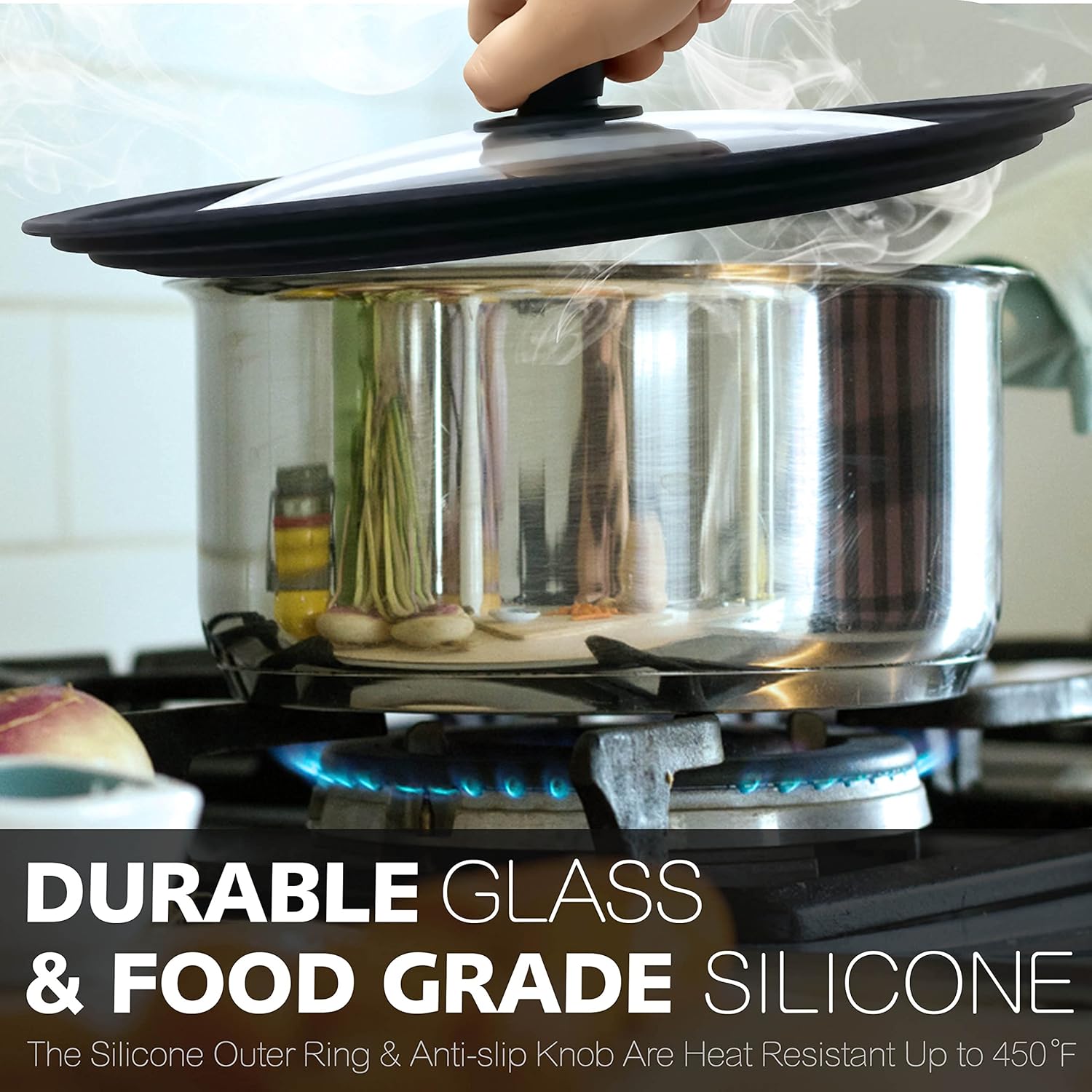 Anaeat Silicone Universal Lid for Pots, Pans and Skillets - Tempered Glass Covered with Heat Resistant Silicone Rim Fits 8", 8.5" and 9.5" Diameter Cookware -Easy to Use Replacement Frying Pan Cover