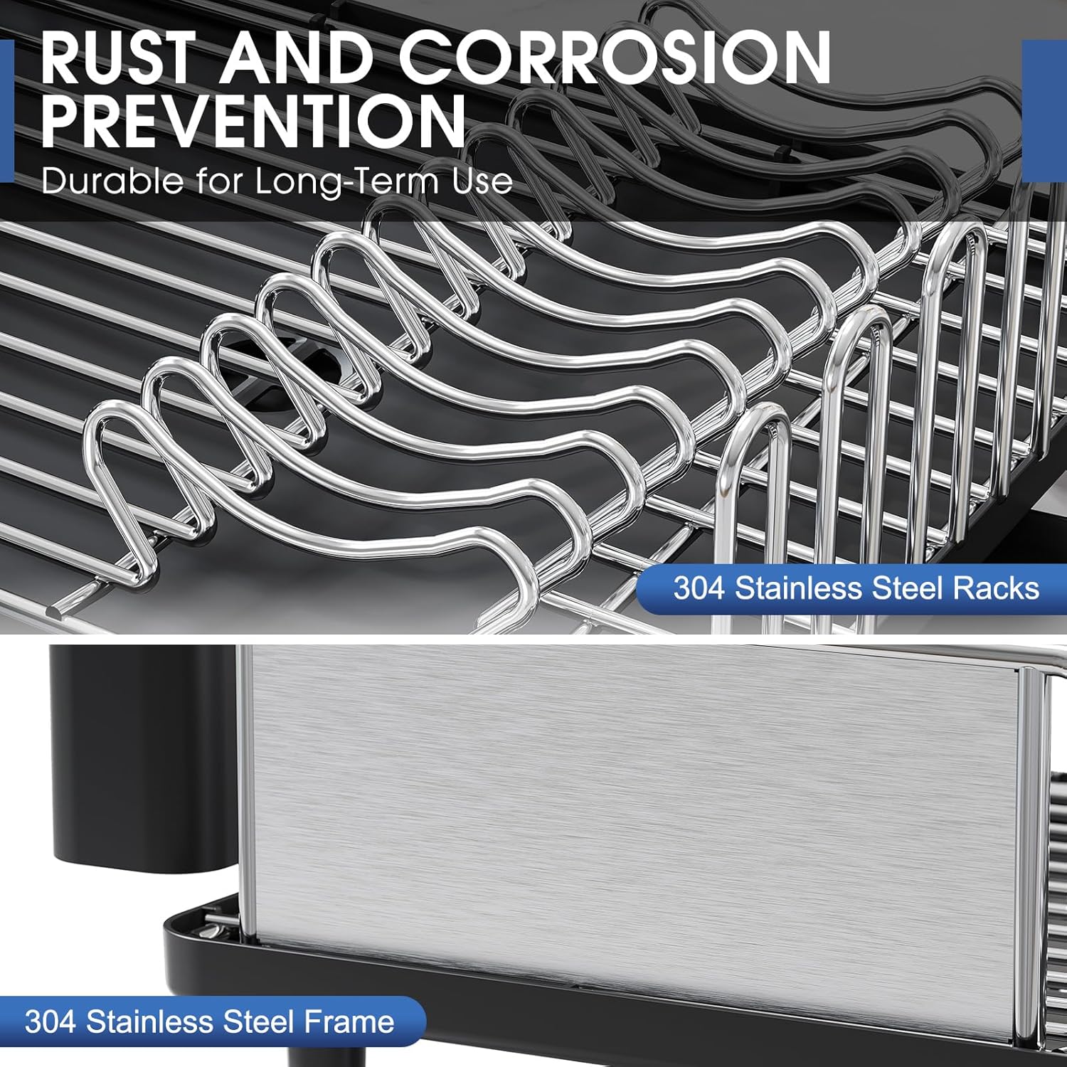 Stainless Steel Dish Drying Rack - Large Capcity 304 Grade Dish Drainer for Kitchen Counter with Drain Board, Utensil Holder & Detachable Cup Shelf, Rustproof Multifunctional Organizer