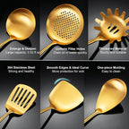 Gold Kitchen Utensils Set with Wooden Handle, 6 PCS Professional Cooking Utensils Set, Wok Spatula, Ladle, Skimmer, Slotted Spatula Turner, Spaghetti Spoon, Large Spoon