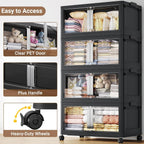 640QT Stackable Storage Bins with Lids, 160Gal Extra Large Collapsible Storage Box with Wheel, Plastic Storages with Clear Door Open Front for Home Bedroom Garage, Black-4pack