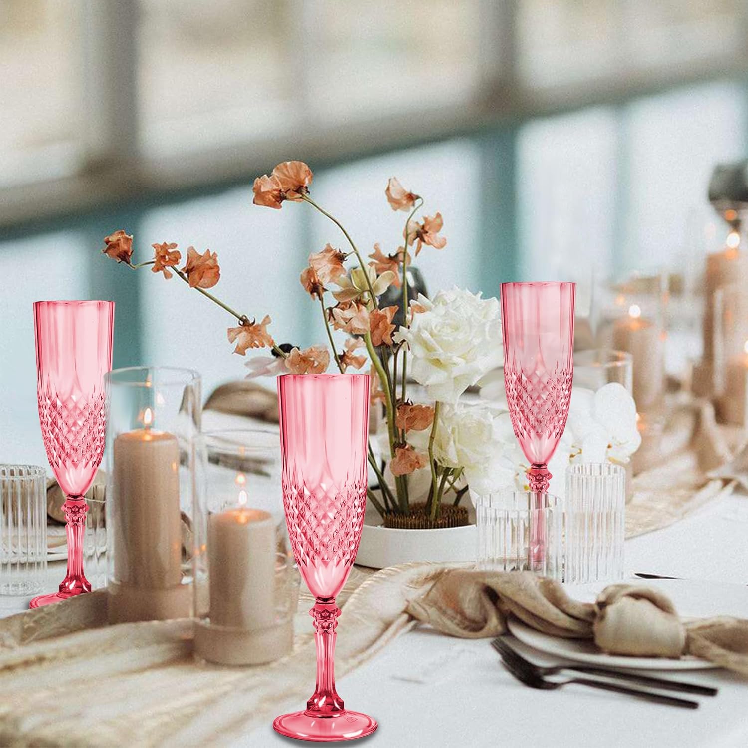 Plastic Champagne Flutes, 12PCS Red Plastic Wine Glasses Goblets Reusable Champagne Flute for Weddings, Bachelor Parties, Toasting, and Events(12,Red)