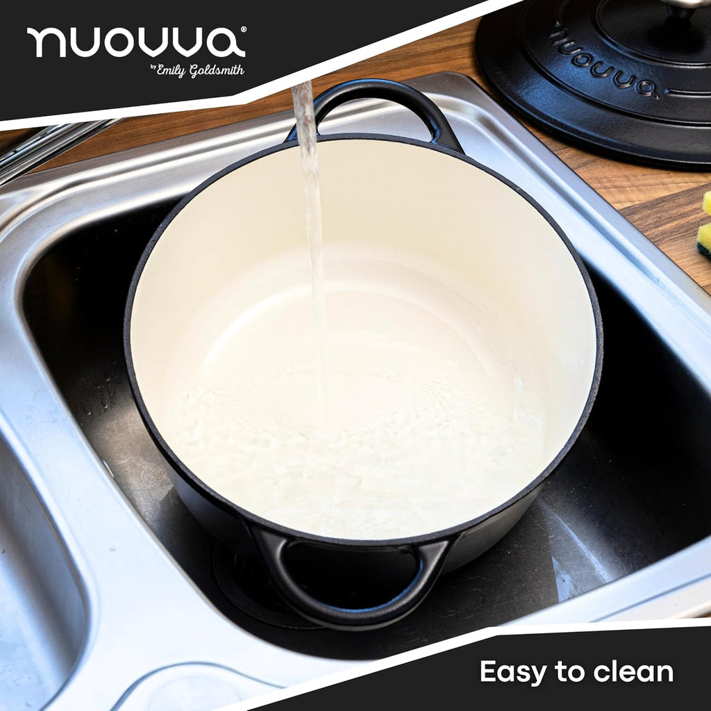 Cast Iron Dutch Oven with Lid – Non-Stick Ovenproof Enamelled Casserole Pot – Sturdy Dutch Oven Cookware – Black, 7.3-Quart, 30cm – by Nuovva