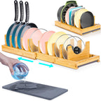 [Adjustable] Bamboo Pots and Pans Organizer under Cabinet, Expandable Bakeware & Cutting Board Organizers with Diatomaceous Earth Base & 10 PCS Adjustable Dividers, Tray Organizer for Kitchen Storage
