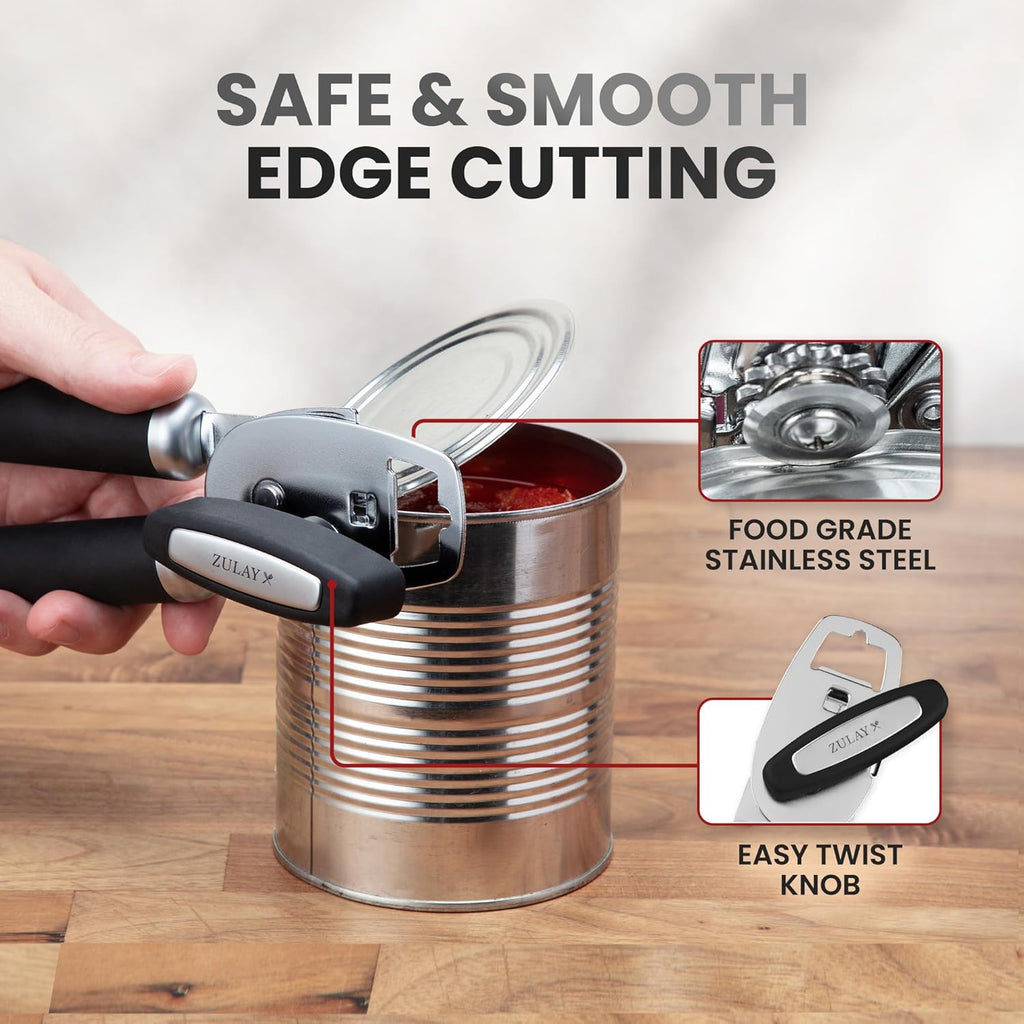 Zulay Kitchen Heavy Duty Stainless Steel Can Opener Manual with Bottle Opener - Rust Proof Manual Can Opener With Turn Knob & Comfy Soft Grip Handles - Black