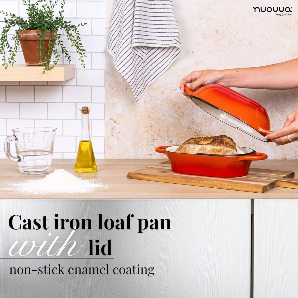 Dutch Oven For Sourdough Bread Baking – Enamelled Cast Iron Bread Loaf Pot – Oven Safe Non Stick Bread Pot – Rectangular, Orange, 24cm x 16cm – by Nuovva
