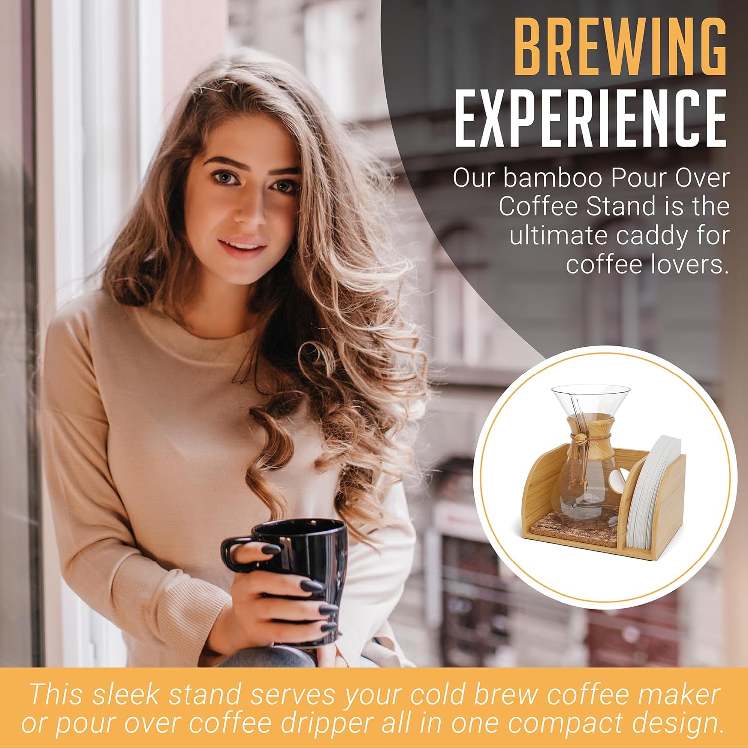 HEXNUB – Caddy for Pour Over Coffee Maker, Bamboo Stand fits Chemex, Bodum, Cosori Coffee Carafes, Heatproof Mat, Filter Holder for Drip Coffee Maker - Cork Mat