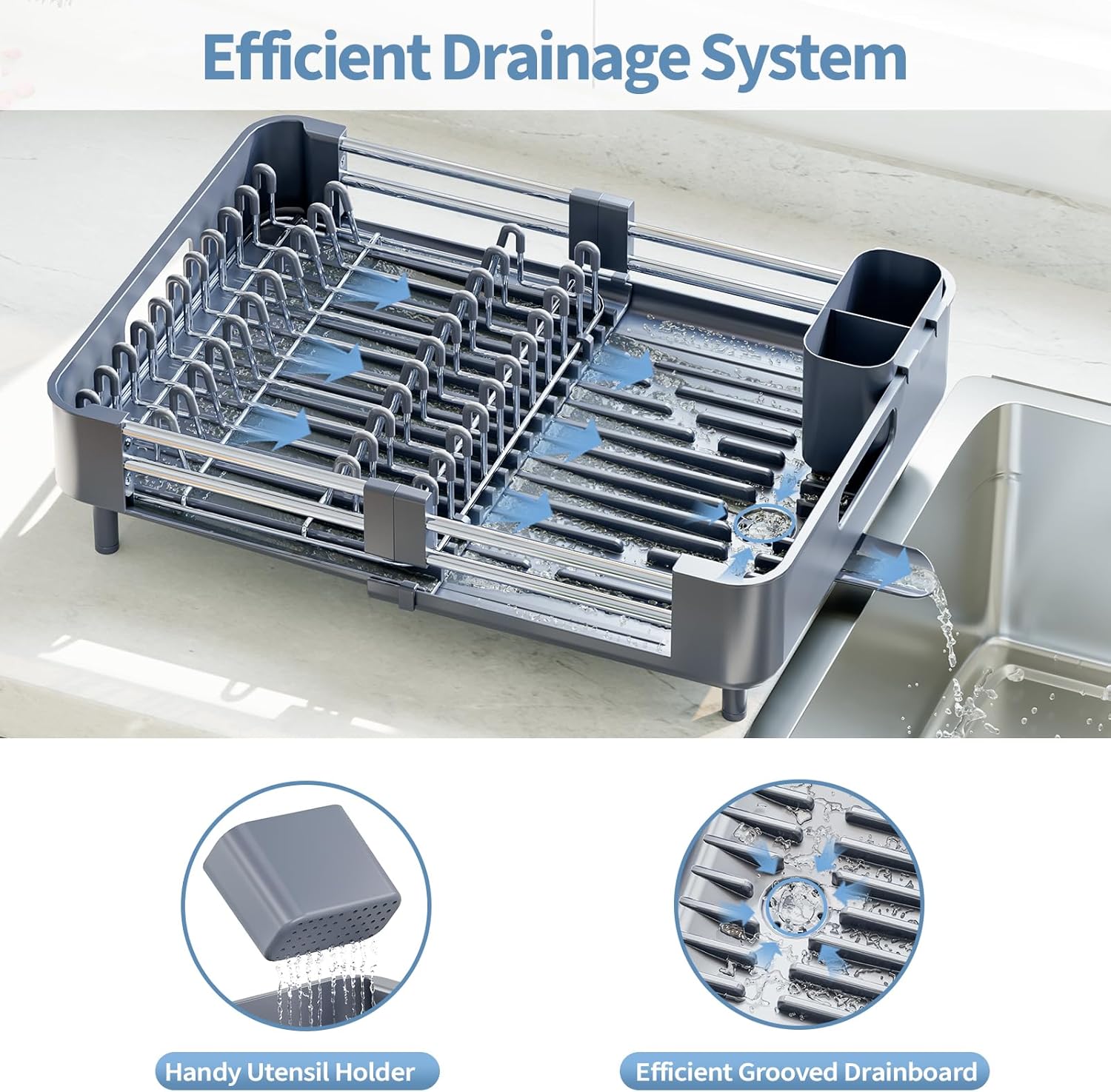 Stainless Steel Dish Drying Rack - Dish Drainer for Kitchen Counter, Extendable Drainboard with Foldable, Space-Saving Cup & Bowl Organizer, Includes Knife and Utensil Holder, Gray