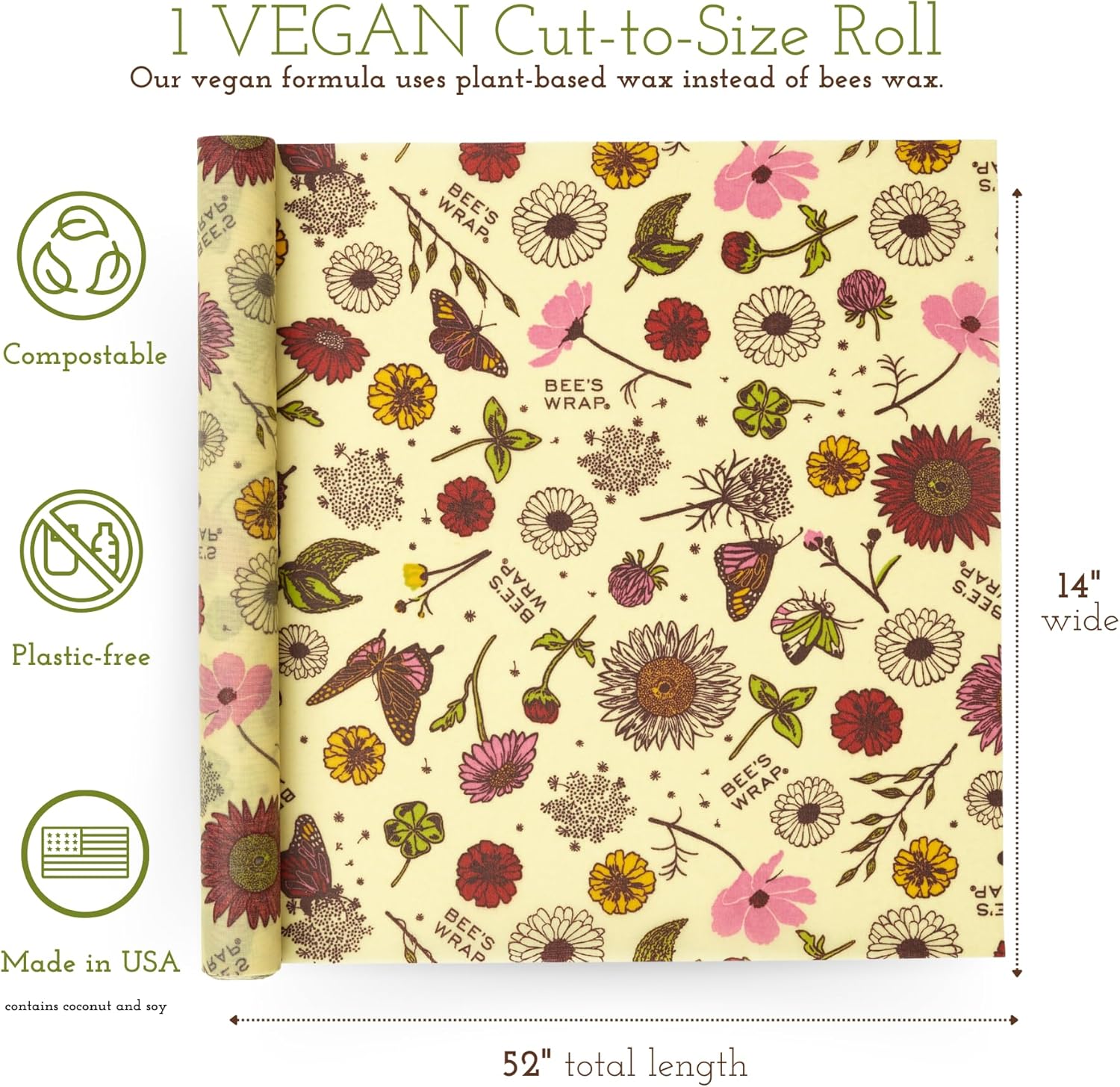Bee's Wrap Vegan Beeswax Wraps for Food - Meadow Magic Cut to Size 14x52" Wax Paper Roll, Made in USA Reusable Waxed Paper & Bowl Covers, Organic Eco-Friendly Alternative to Aluminum Foil Plastic Wrap