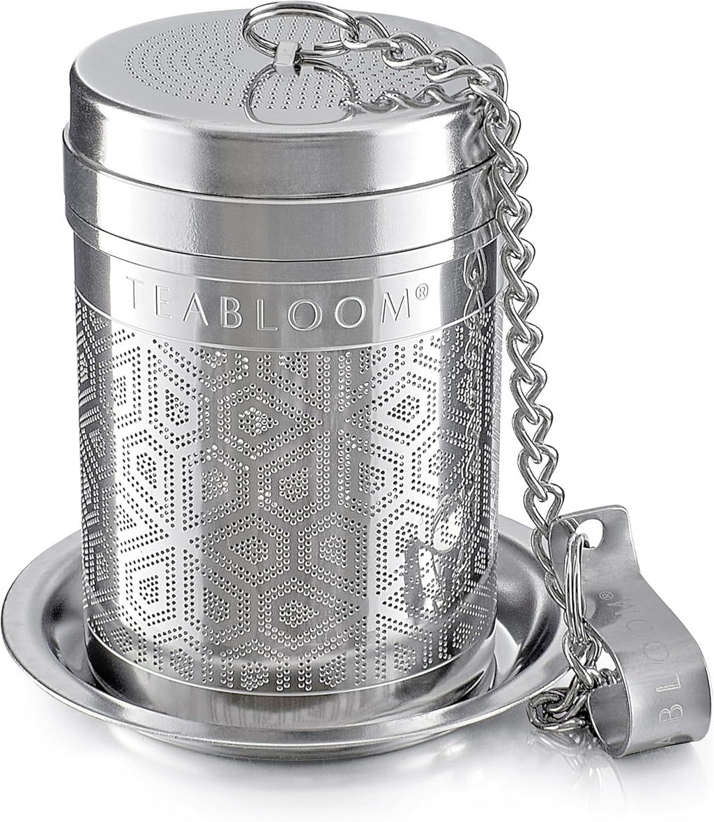 Teabloom Elegant Stainless Steel Loose Leaf Tea Infuser – Tea Connoisseur's Choice for White, Green, Oolong, Black, and Herbal Teas – Geometric Blossom Design – Small Size