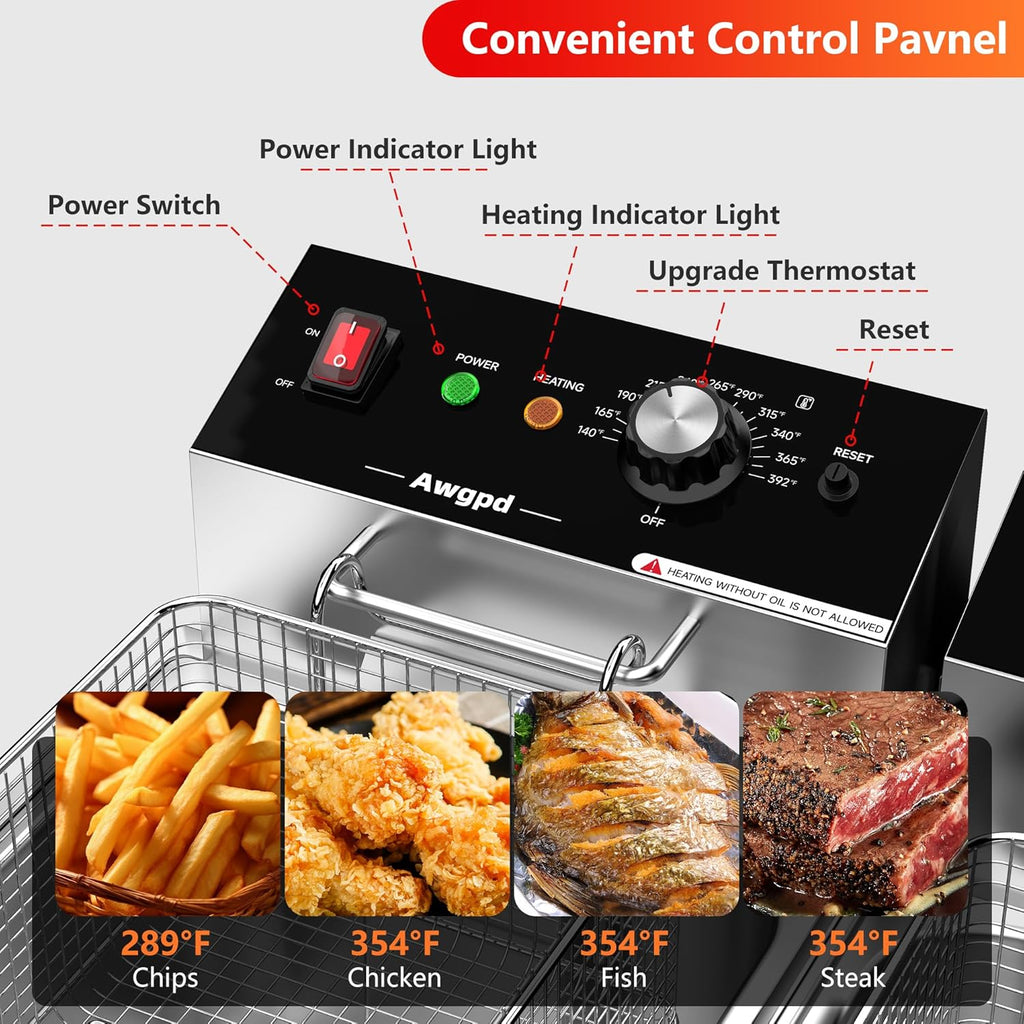 Commercial Deep Fryer with Baskets Stainless Steel Double Deep Fryer with 2 Baskets Capacity 10L X 2(21.3QT) Electric Countertop Fryer for Restaurant and Home Use, 110V 3400W