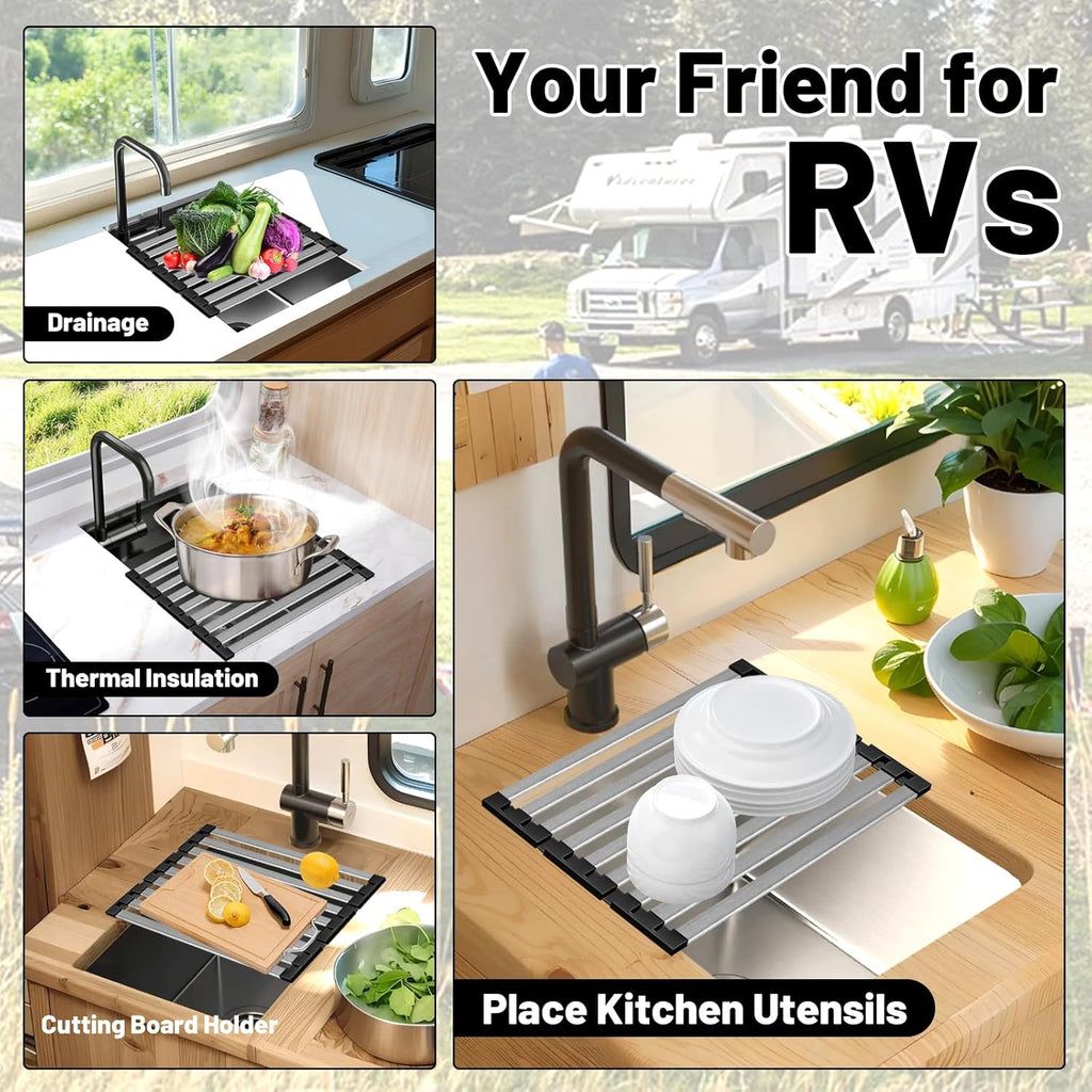 17.5" X 13" Roll Up Dish Drying Rack, 304 Stainless Steel Over Sink Dish Drying Rack, Foldable Heat-Resistant Dishes Drainer for Kitchen and RV Sink Counter, Black