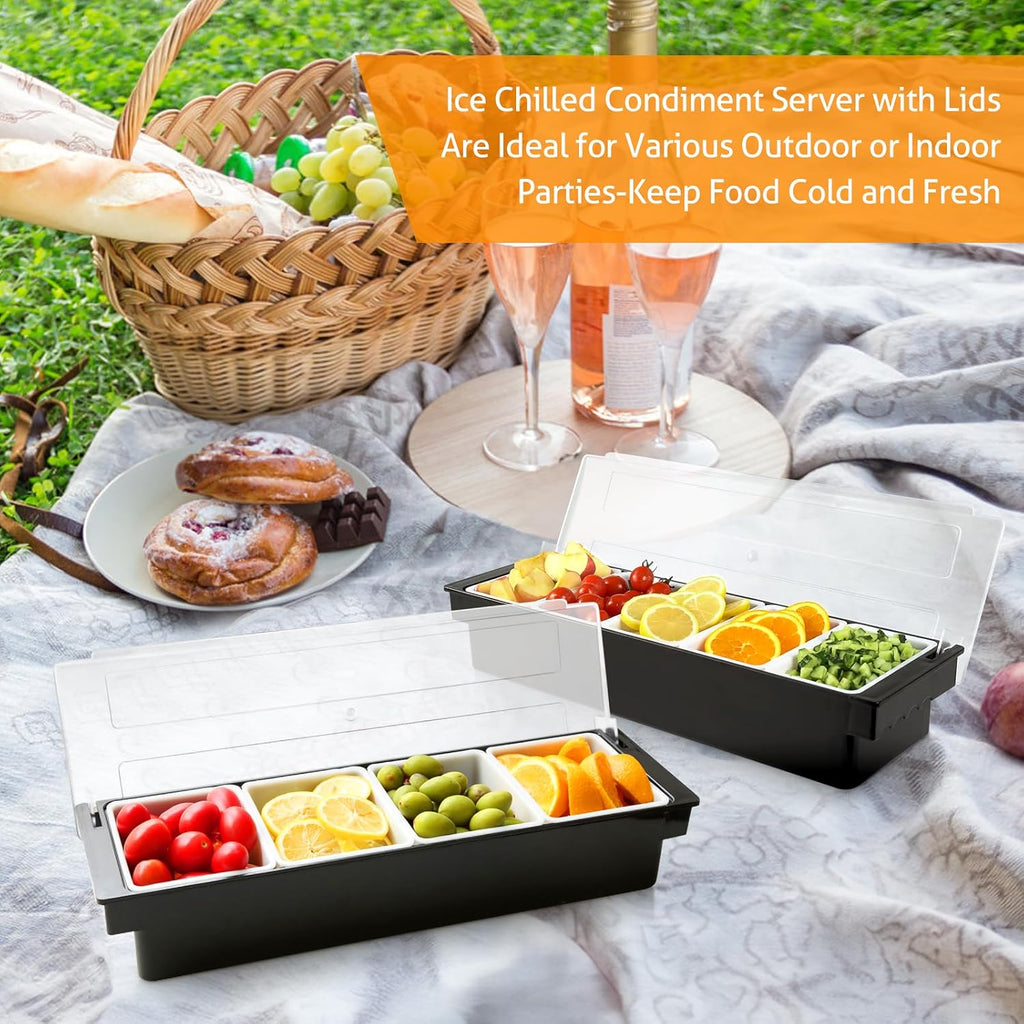 WICHEMI Condiment Container with Lid Ice Chilled Condiment Server with Ice Tray Fruit, Veggie & Condiment Caddy Plastic Garnish Station for Bartending Serving Taco, Salad Bar Container (4 Compartment)