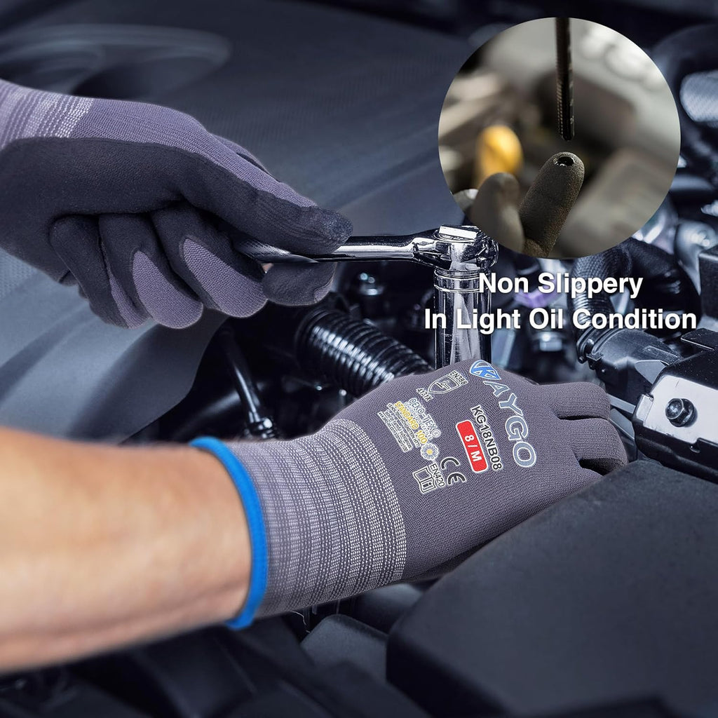 KAYGO Safety Work Gloves MicroFoam Nitrile Coated, 3 Pairs KG18NB,Seamless Knit Nylon Glove for Men and Women, Ideal for Automotive,Warehouse,Construction (2X-Large,Gray)