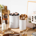 LOVECASA Utensil Holder, 7.2"+5.4" Ceramic Utensil Holder for Countertop, Large Cooking Utensil Crocks for Kitchen Counter, Farmhouse Utensil Vase for Housewarming, Kitchen Decor, Set of 2, Snow