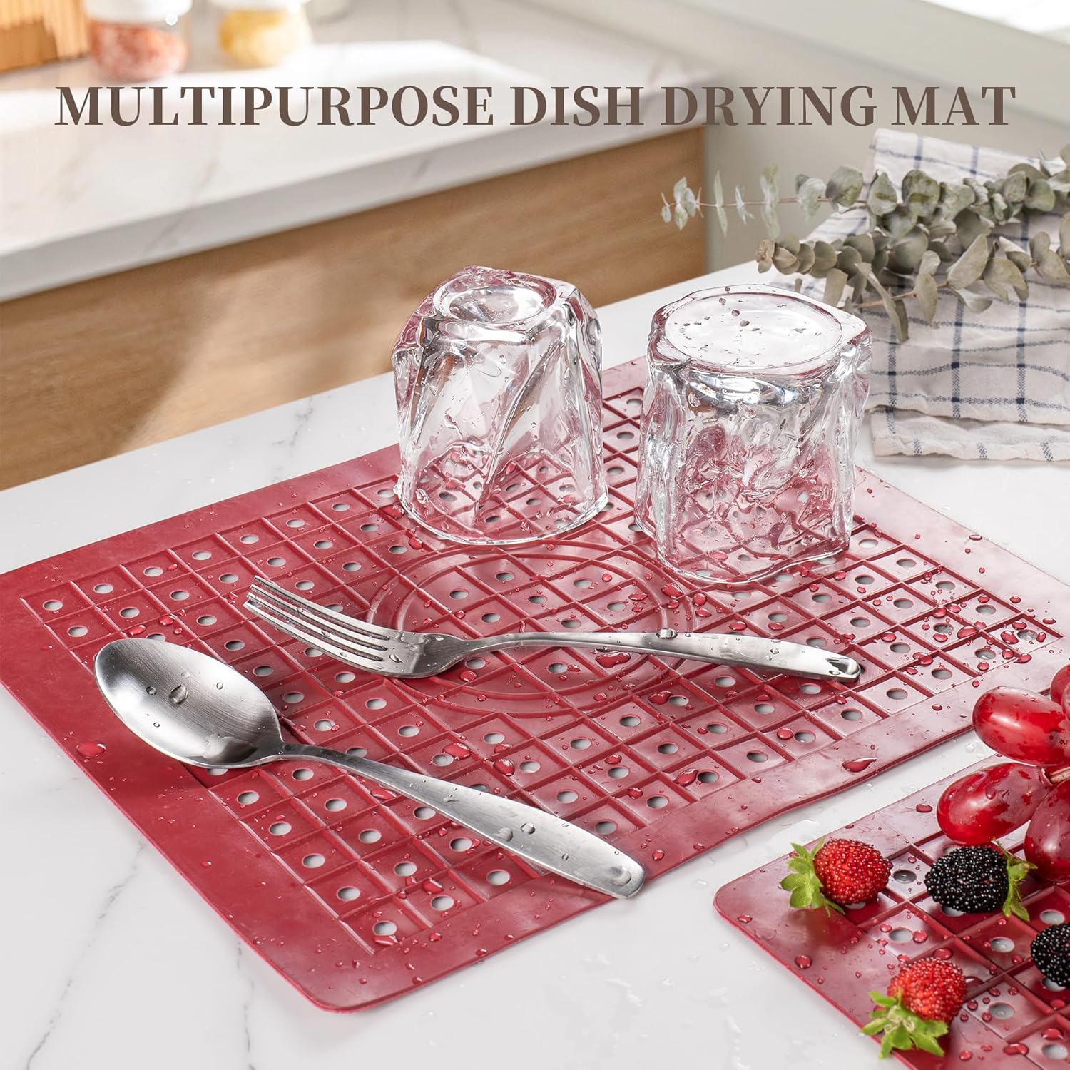 WILLKOMMEN Kitchen Sink Mat, 12" x 10" Rectangular Sink Protector Pad, Fast-Draining Grid Design Liner, Dish Drying Mat 2 Pack Red