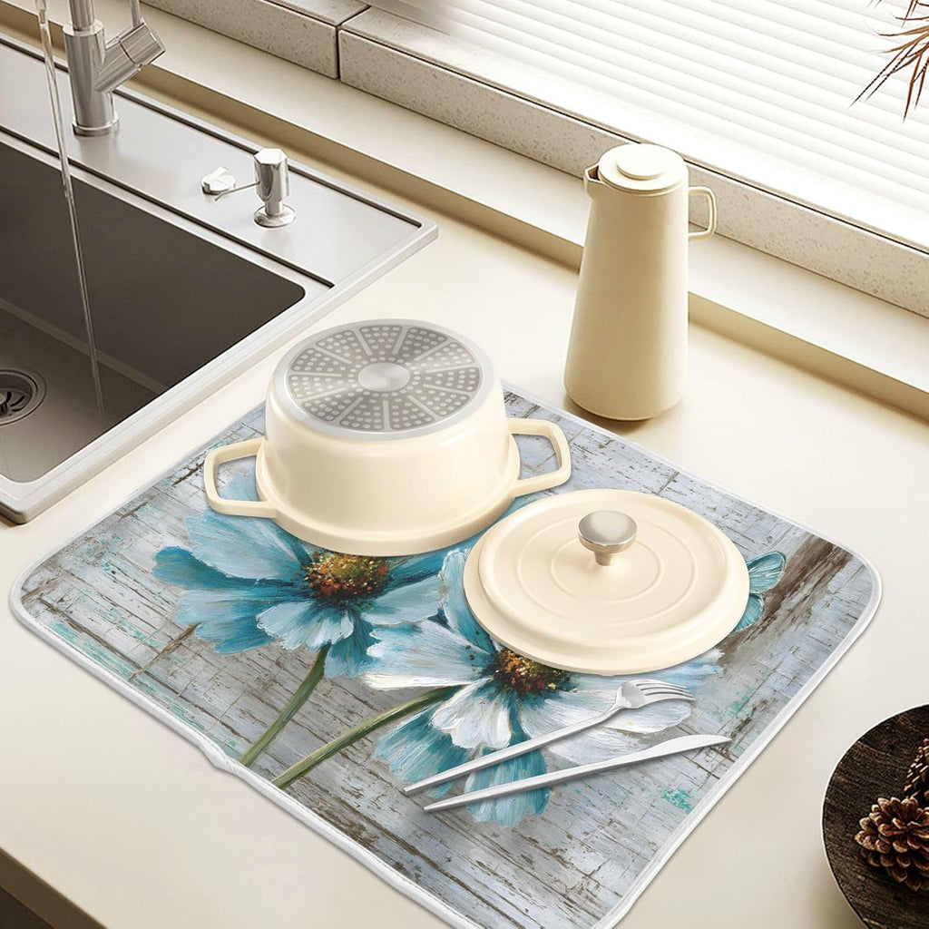 Rustic Teal White Daisy on Vintage Wooden Dish Drying Mat for Kitchen Counter Absorbent Microfiber Small Drying Pad Dish mats for Kitchen Countertops 16 x 18 Inch