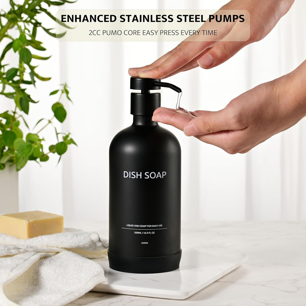 Glass Kitchen Soap Dispenser Set with Ceramic Tray,16.9 floz Hand and Dish Soap Dispenser for Kitchen and Bathroom Decor,Kitchen Accessories(Black Bottles +Black Pumps)