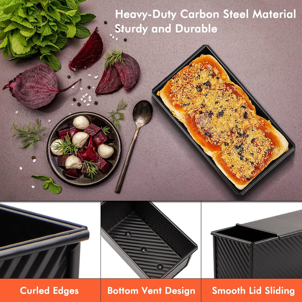 Beasea Pullman Loaf Pan with Lid, 2 Pack 1 lb Non-Stick Black Bread Loaf Pans for Homemade Bread Carbon Steel Toast Box with Cover for Bakeware Toast Oven Baking