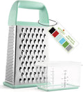 Spring Chef Professional 10" Parmesan Cheese Grater With Container, Stainless Steel & Soft Grip Handle, Handheld Kitchen Cheese Shredder, Box Grater with 4 Sides for Potato, Carrot, Veggie - Mint
