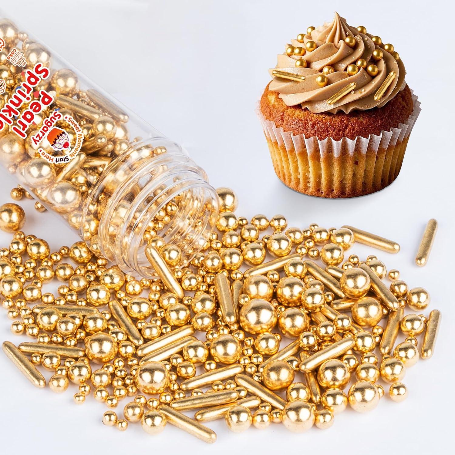 Gold Pearl Sprinkles,Edible Rods Pearl Sugar Candy Mix Size,130g/4.58oz,Baking Edible Cake Decorations,Cupcake Toppers,Cookie Decorating Donuts Ice Cream,Food Grade,Holiday Wedding Party Valentines Christmas Supplies