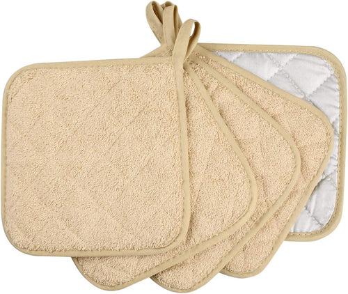 100% Cotton Kitchen Everyday Basic Terry Pot Holder Heat Resistant Coaster Potholder for Cooking and Baking Set of 5 Light Brown