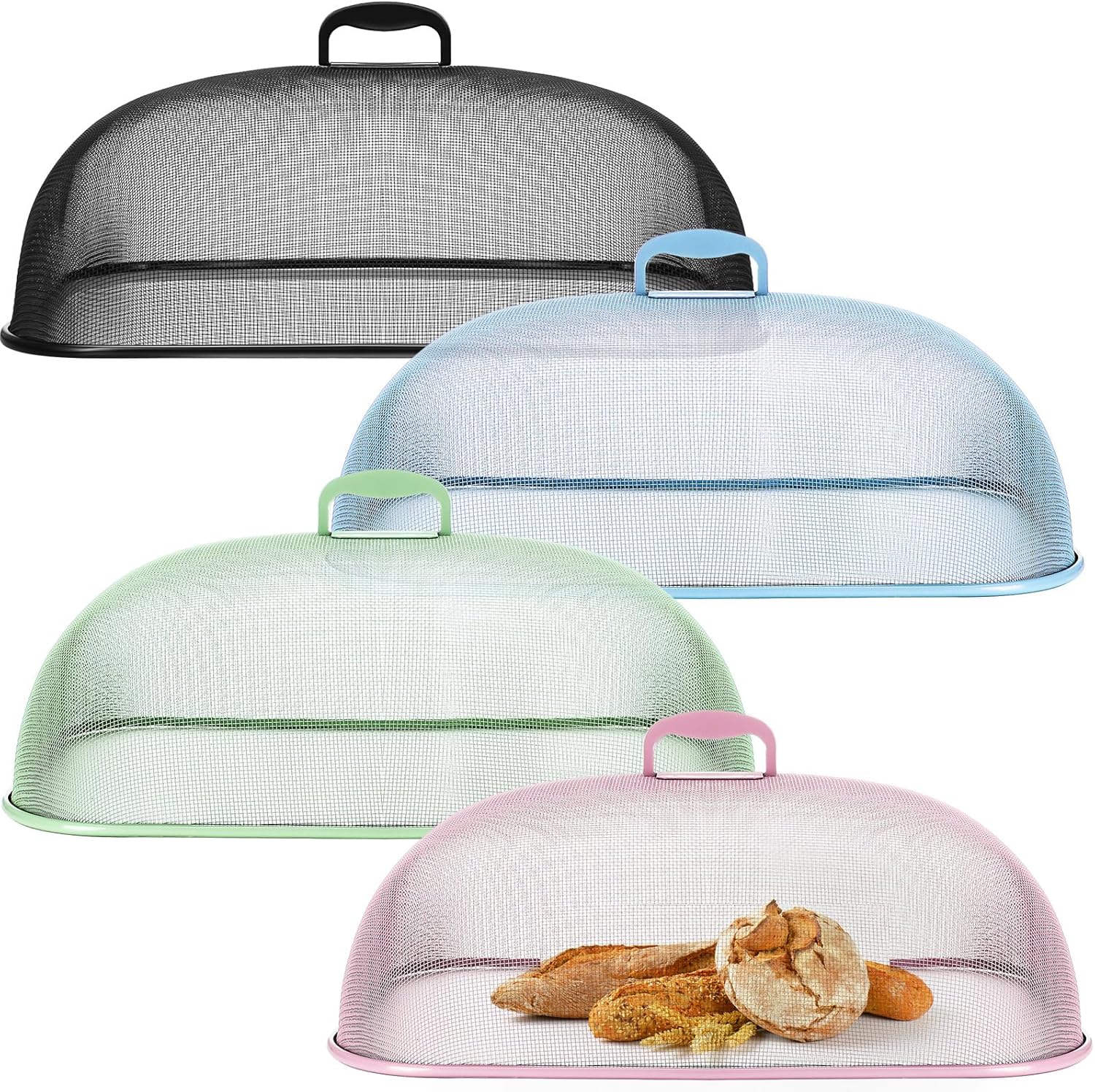 Hicarer 4 Pcs Metal Mesh Screen Food Cover for Outdoors Set Large 18.5 Inch Mesh Food Tents for Outdoor Mesh Food Covers Picnic Food Covers for Indoor Plate (Black, Blue, Green, Pink)