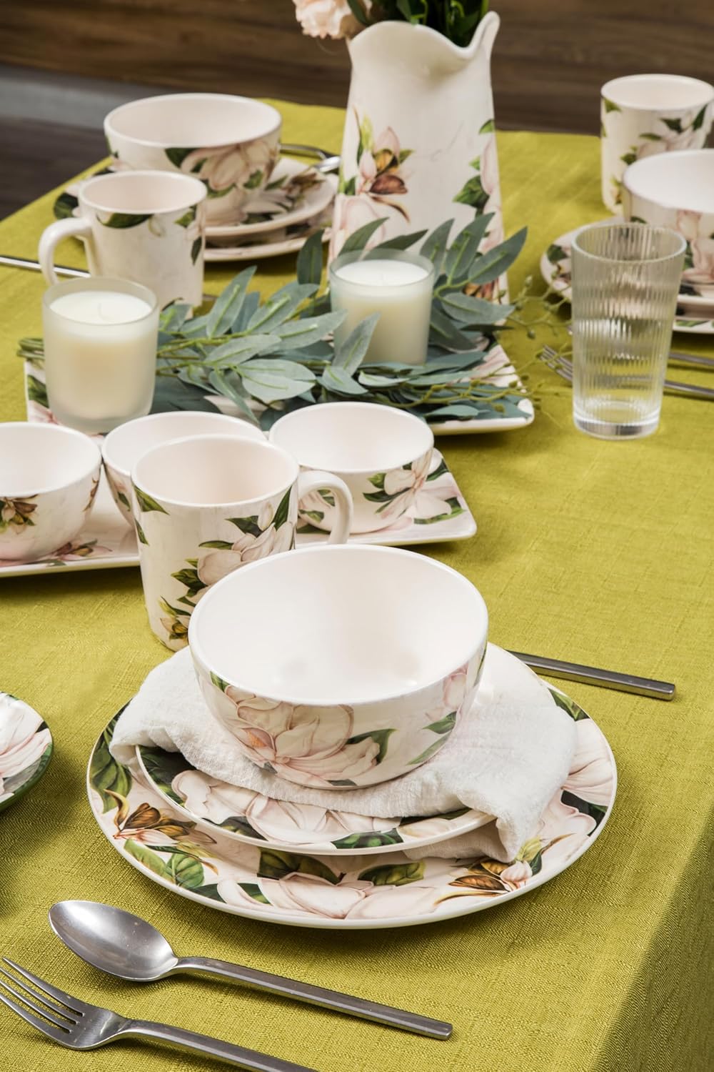Bico Magnolia Floral Ceramic 14 inch Rectangular Serving Platter, Set of 2, for Serving Salad, Pasta, Cheese, Ham, Appetizer, Microwave & Dishwasher Safe