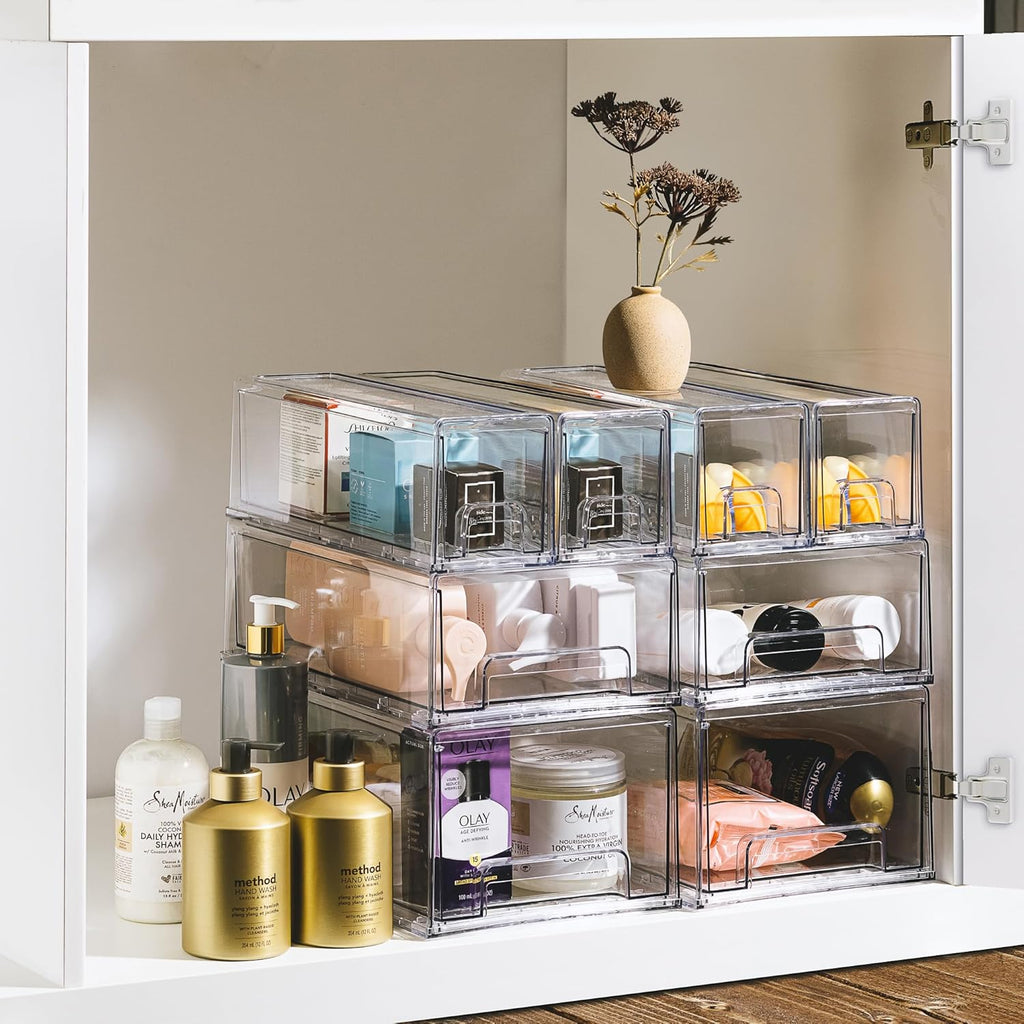 Sorbus Large Clear Storage Drawers (4 Pack) – Stackable Pull-Out Storage Bins with Handles, Slide Out Organizer Drawers for Pantry, Fridge, Kitchen – Acrylic Drawer Organizers