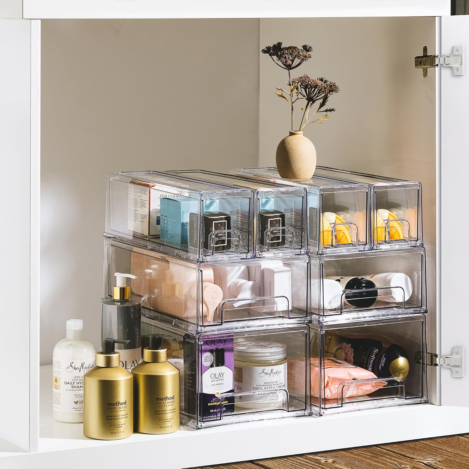 Sorbus Large Clear Storage Drawers (4 Pack) – Stackable Pull-Out Storage Bins with Handles, Slide Out Organizer Drawers for Pantry, Fridge, Kitchen – Acrylic Drawer Organizers